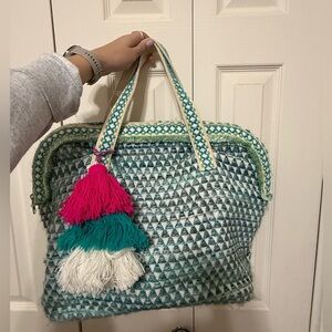 Stylish Blue Geometric Tote Bag with Tassels
